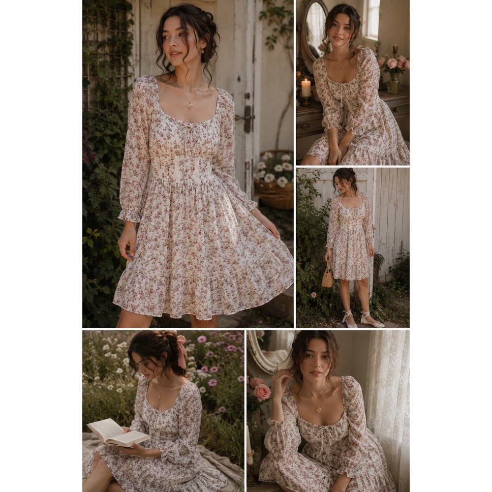 Dainty Floral Milkmaid Lace Corset Dress L Sheer Sleeves Cottagecore Fairycore - Picture 2 of 9